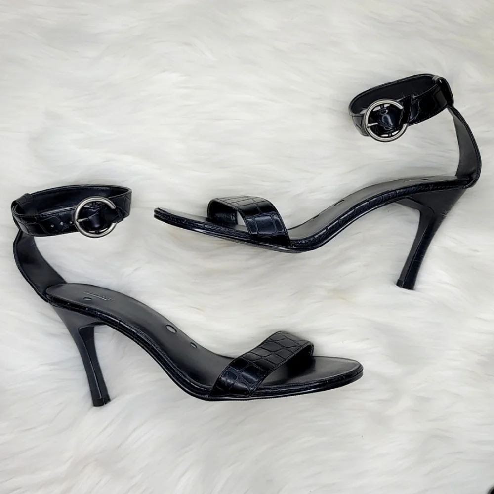 Fioni Strappy Black Leather Crocodile Alligator Print High Heels